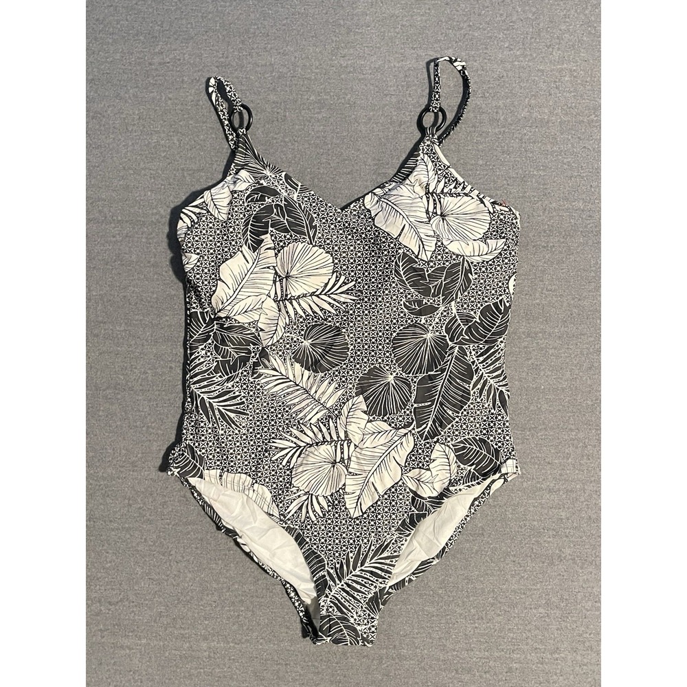 Kona Sol One Piece‎ Swimsuit Large Black White Tropical Leaf Print